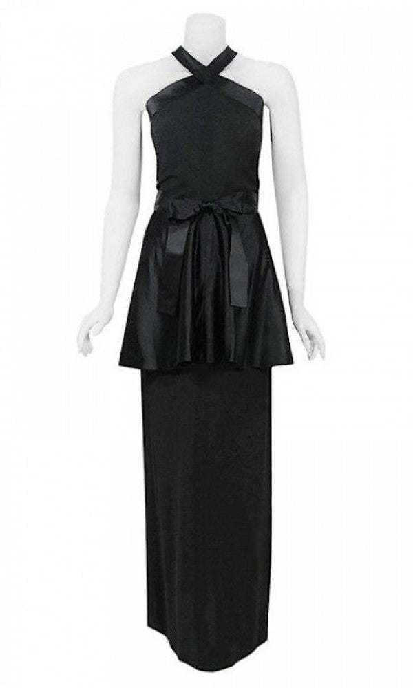 1956 Traina-Norell Couture Black Silk Satin Sculpted Halter Peplum Gown