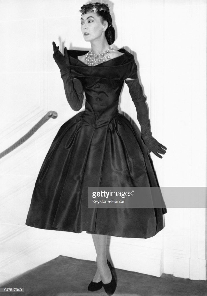 1956 Christian Dior Demi-Couture Black Silk Portrait Collar Skirted Cocktail Dress