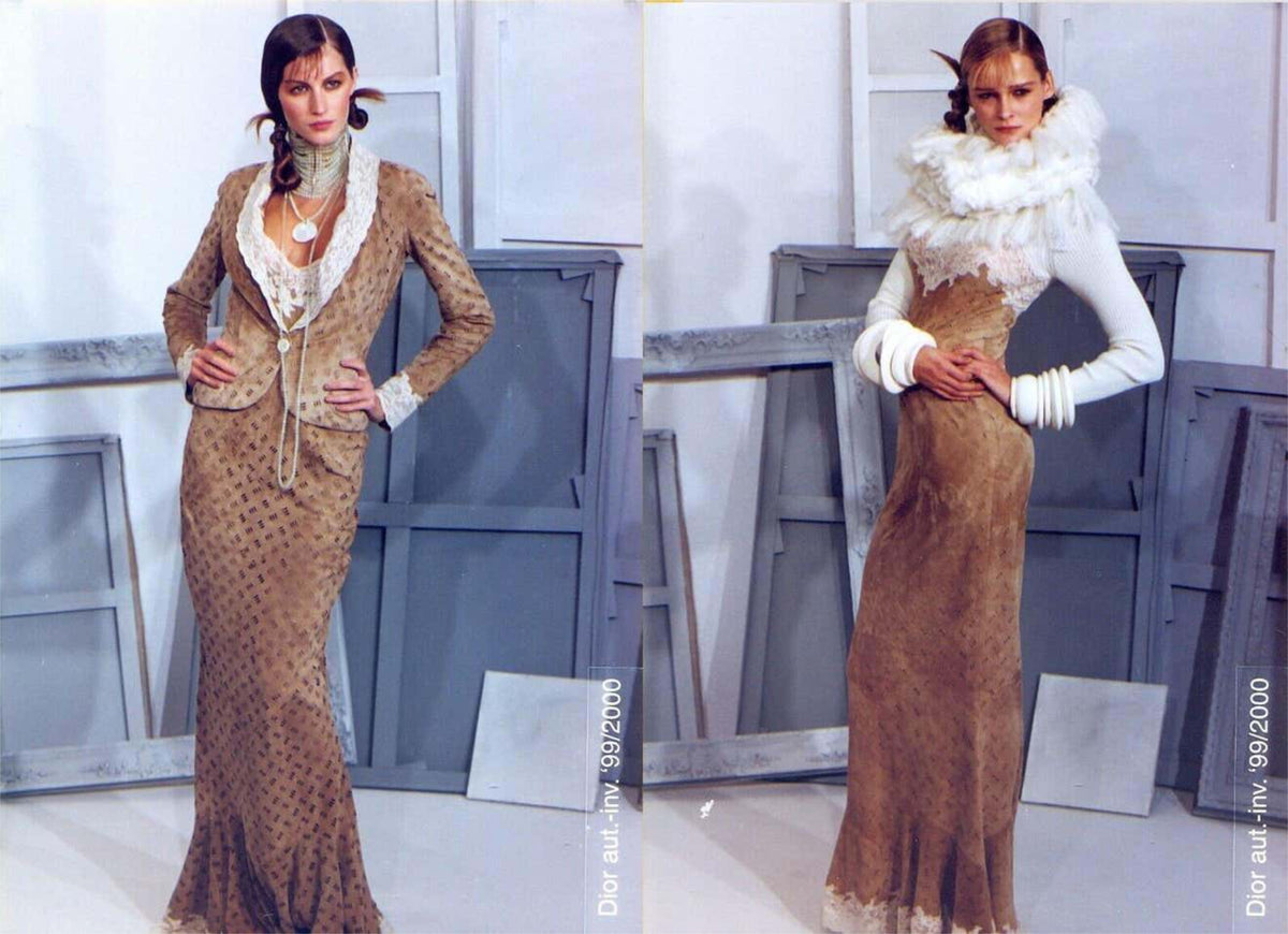 1999 Christian Dior by John Galliano Brown Suede &amp; Sheer Lace Bias-Cut Slip Gown w/ Shawl