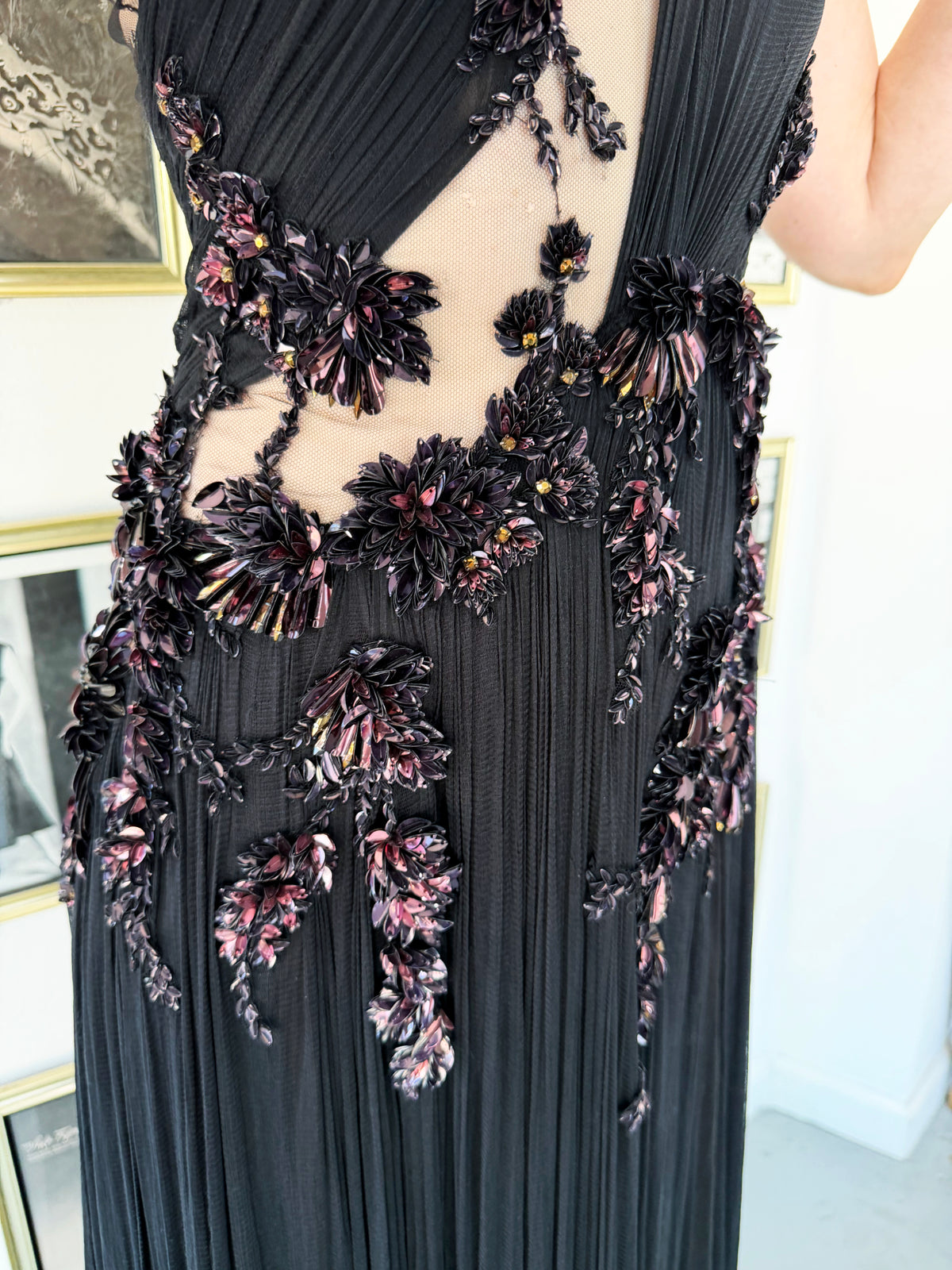 2012 Gucci Runway Editorial Heavily Embellished Sequin Sheer Black Pleated Tulle Gown