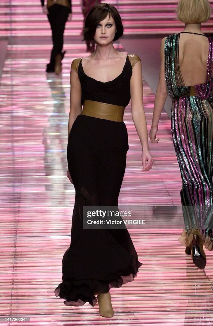 2001 Vintage Versace Couture Documented Runway Black Sheer Silk & Leather Bias-Cut Gown - Timeless Vixen 2001 Vintage Versace Couture Documented Runway Black Sheer Silk & Leather Bias-Cut Gown - Timeless Vixen