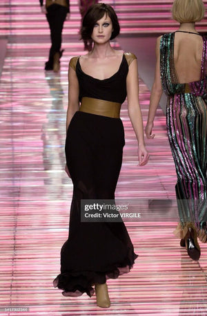 2001 Versace Couture Documented Runway Black Sheer Silk & Leather Bias-Cut Gown