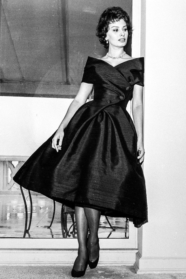 1956 Christian Dior Demi-Couture Black Silk Portrait Collar Skirted Cocktail Dress