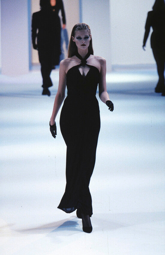1998 Thierry Mugler Runway Black Silk-Jersey &amp; Velvet Bustier Cut-Out Halter Gown
