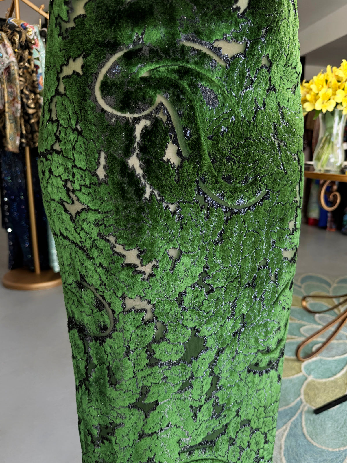 1990 Geoffrey Beene Couture 'Green Leaves' Sheer Devoré Velvet One-Sleeve Hourglass Gown