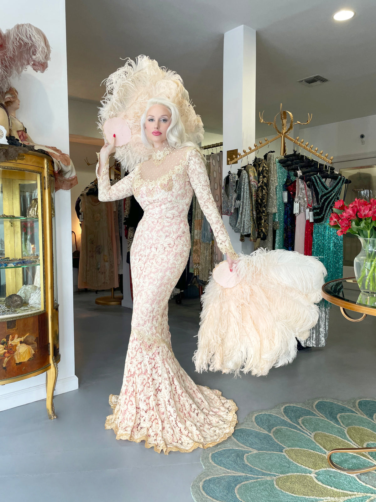 1969 Gypsy Rose Lee Custom Couture Ivory Lace &amp; Pink Silk Victorian Gown