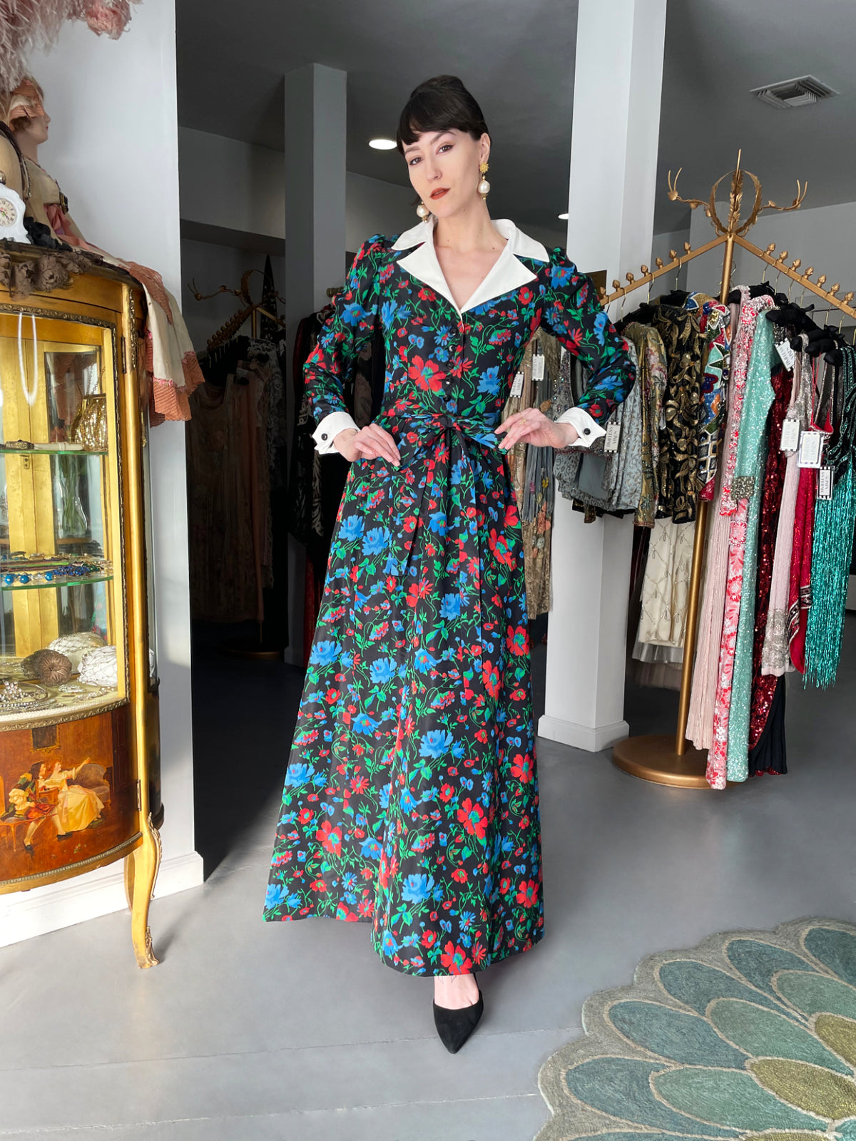 1972 Yves Saint Laurent Haute Couture Documented Floral Silk Collar Cuff Gown