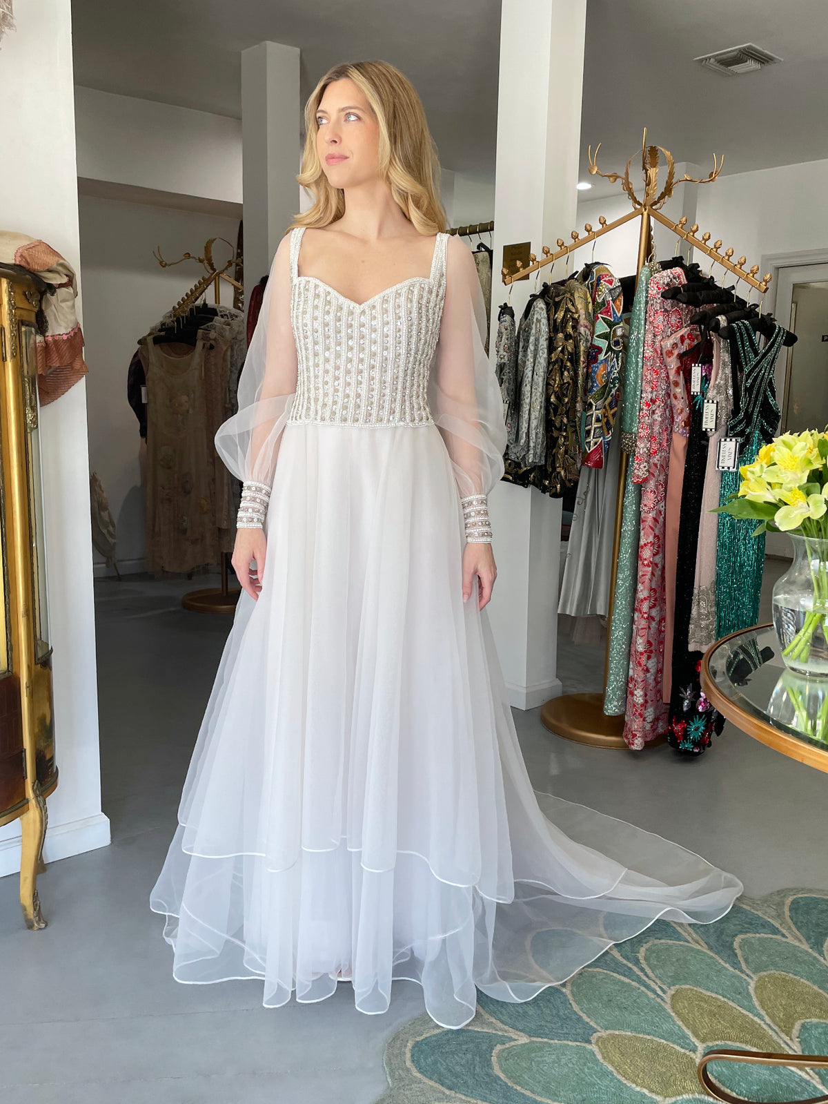 1972 Christian Dior Couture White Beaded Sheer Silk Billow-Sleeve Bridal Gown w/ Matching Veil