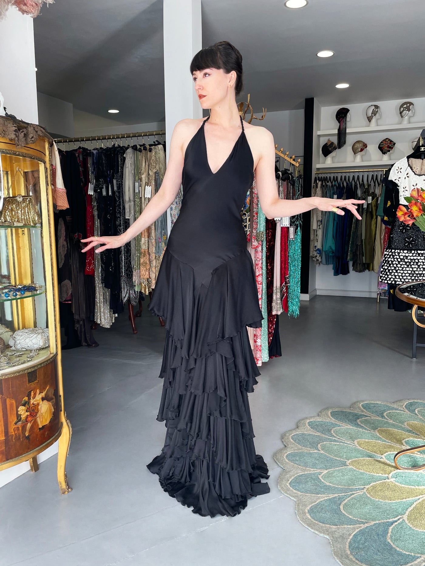 Vintage 2006 Alexander McQueen 'Widows of Culloden' Black Silk Halter Bias-Cut Tiered Ruffle Gown - Timeless Vixen Vintage 2006 Alexander McQueen 'Widows of Culloden' Black Silk Halter Bias-Cut Tiered Ruffle Gown - Timeless Vixen