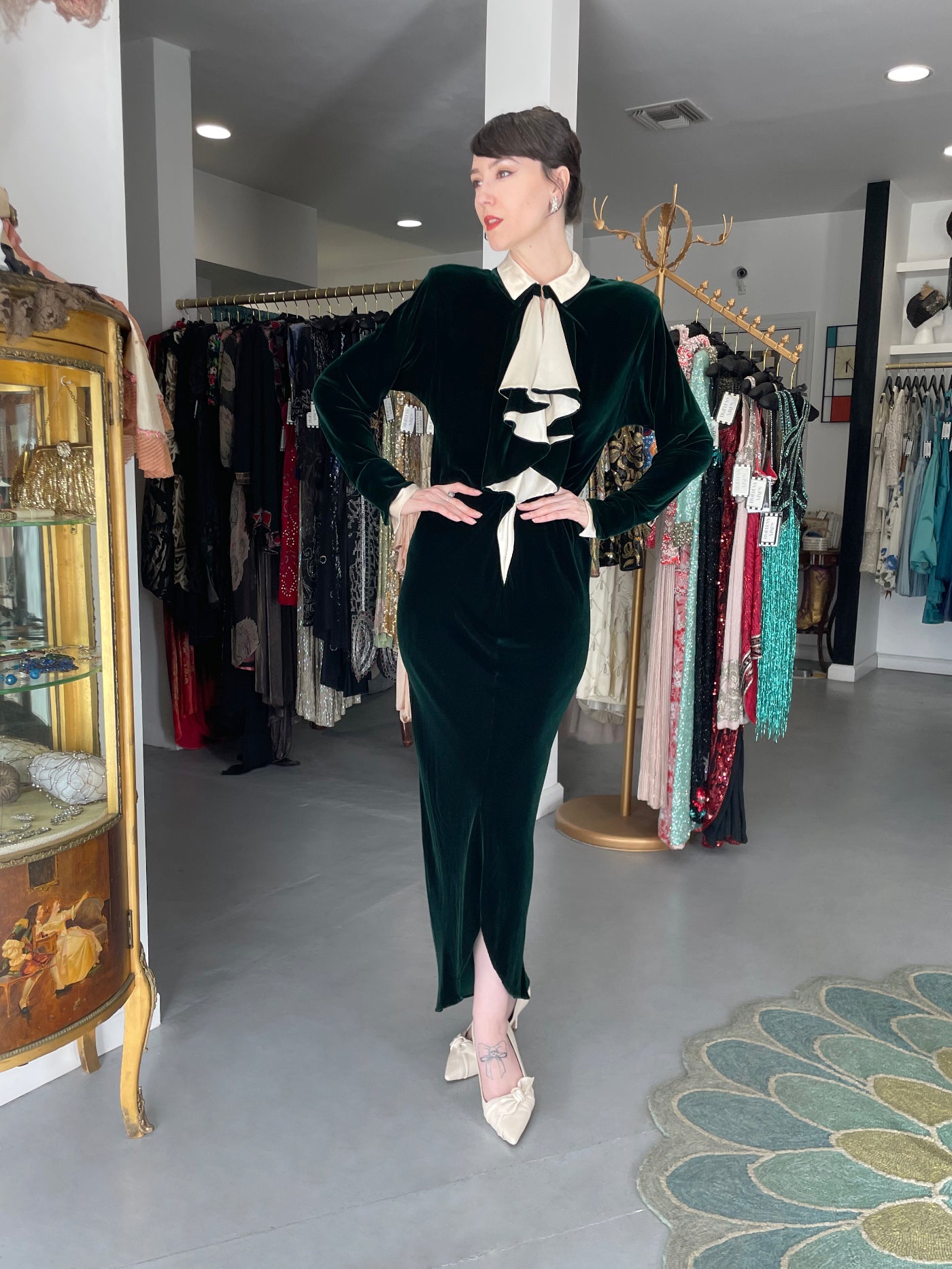 1978 Halston Couture Dark Green Velvet & Ivory Silk Ruffle Gown