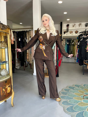 1998 Alexander McQueen for Givenchy Brown Wool Embroidered Birds Blazer Pantsuit