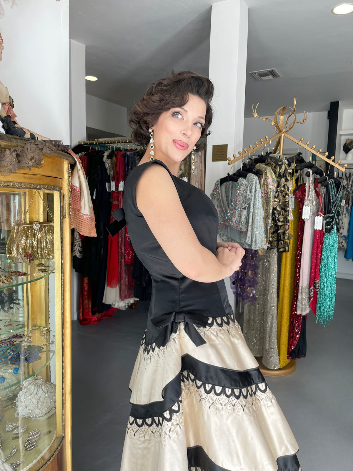 1950&#39;s Emilio Schuberth Couture Black &amp; Ivory Embroidered Satin Dress