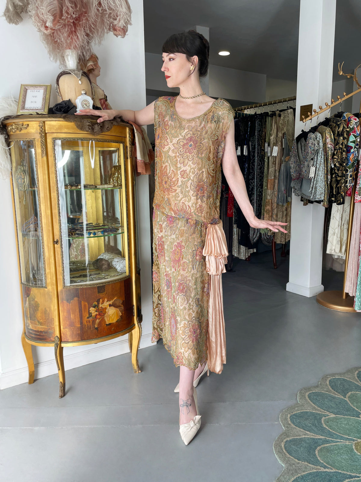 1920&#39;s French Couture Colorful Beaded Metallic Lamè Lace &amp; Pink Silk Dress