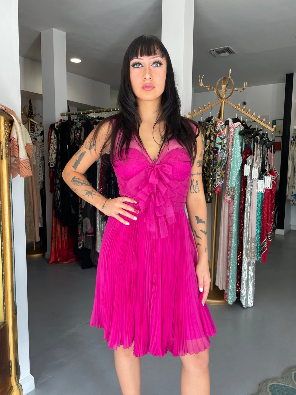 2010 Christian Dior by John Galliano Fuchsia Pink Pleated Sheer Silk Lingerie Dress