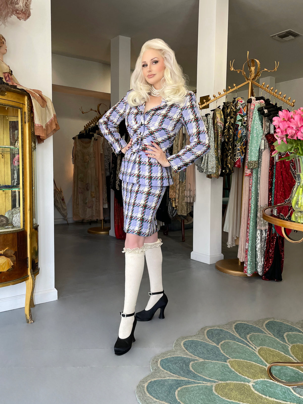 1995 Chanel by Karl Lagerfeld Runway Periwinkle Plaid Wool Barbie Jacket &amp; Skirt