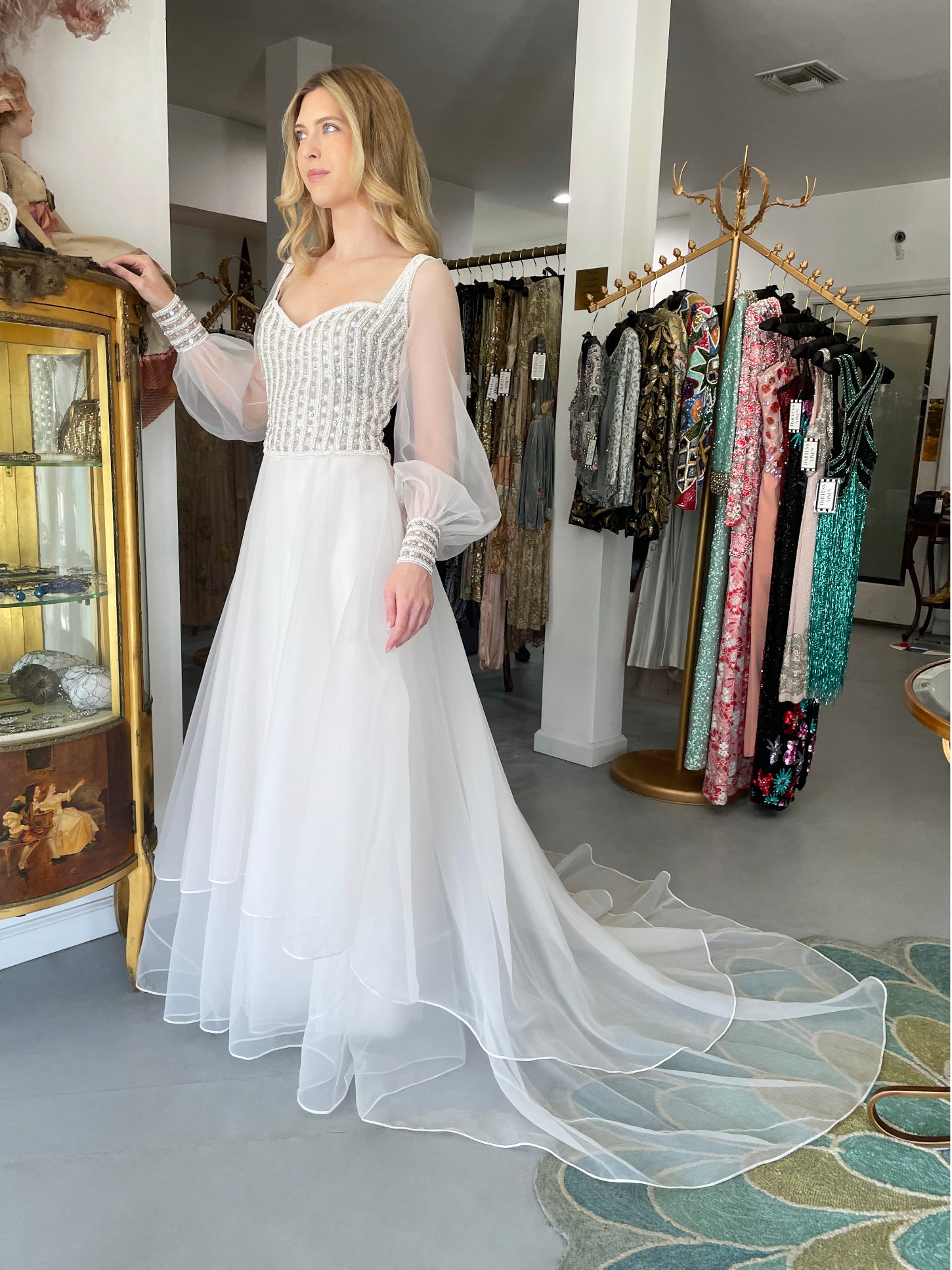 1972 Christian Dior Couture White Beaded Sheer Silk Billow-Sleeve Bridal Gown w/ Matching Veil