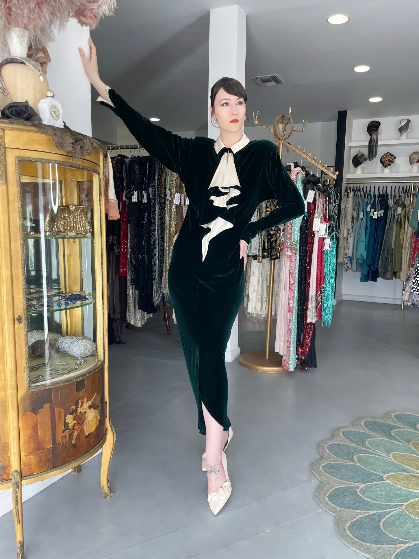 1978 Halston Couture Dark Green Velvet & Ivory Silk Ruffle Gown - Timeless Vixen 1978 Halston Couture Dark Green Velvet & Ivory Silk Ruffle Gown - Timeless Vixen