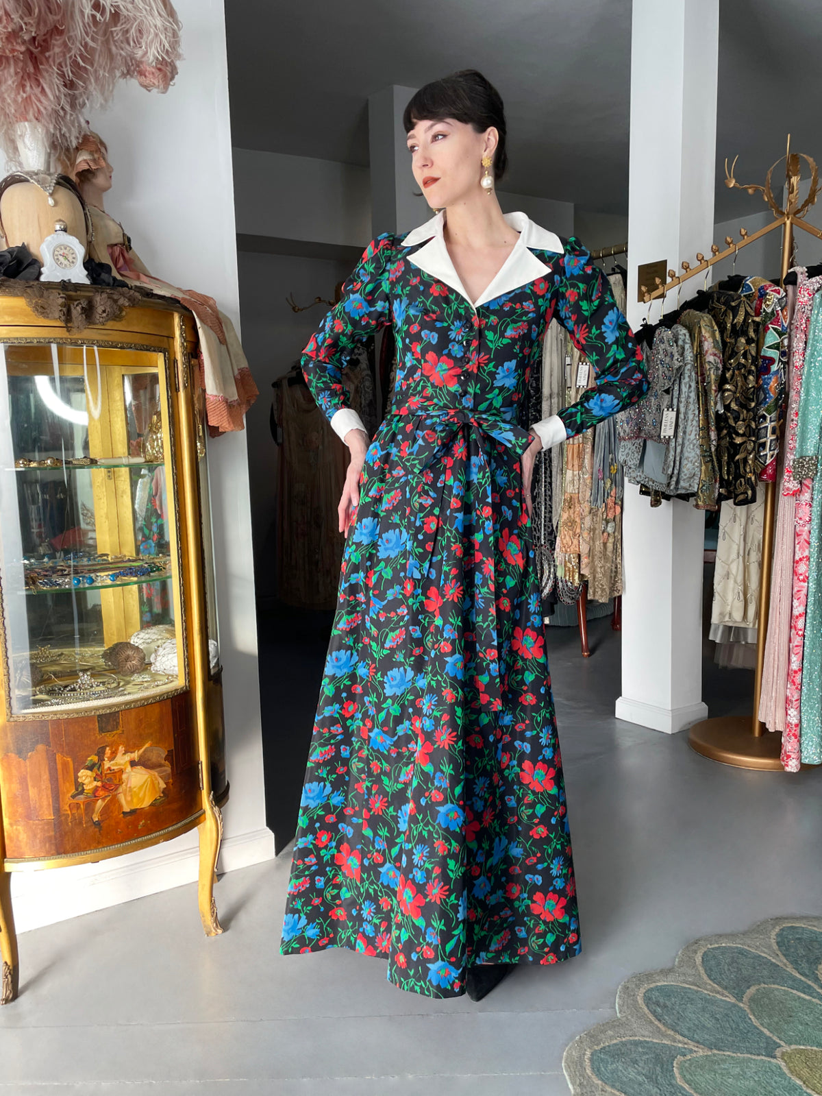 1972 Yves Saint Laurent Haute Couture Documented Floral Silk Collar Cuff Gown