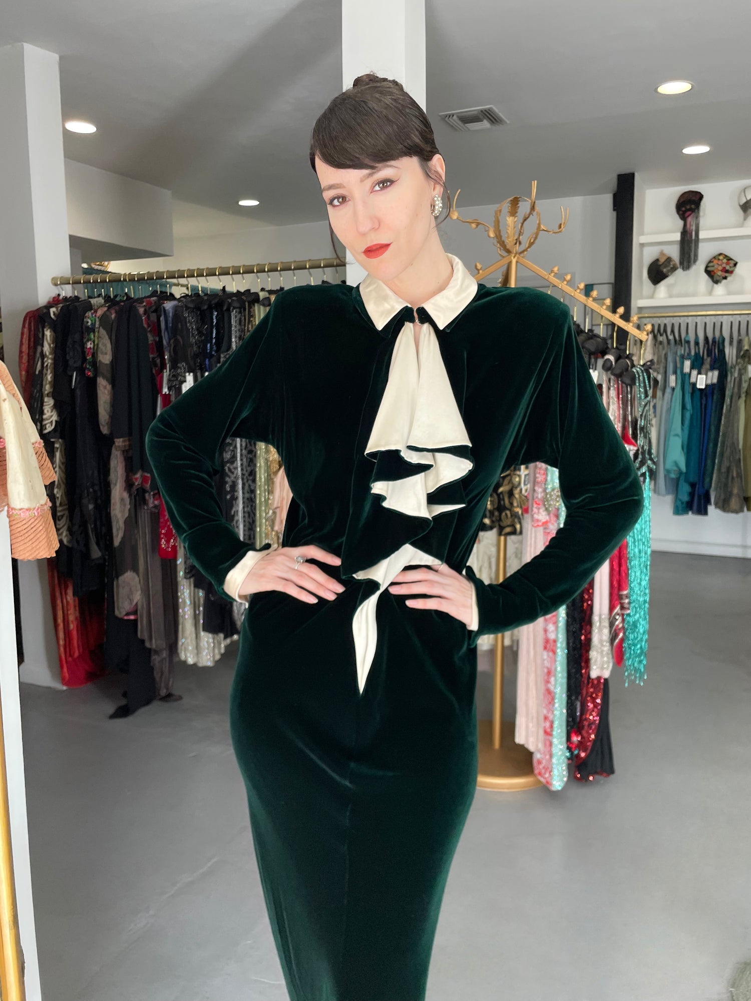 1978 Halston Couture Dark Green Velvet & Ivory Silk Ruffle Gown - Timeless Vixen 1978 Halston Couture Dark Green Velvet & Ivory Silk Ruffle Gown - Timeless Vixen