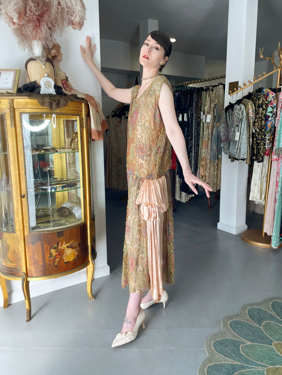 1920&#39;s French Couture Colorful Beaded Metallic Lamè Lace &amp; Pink Silk Dress