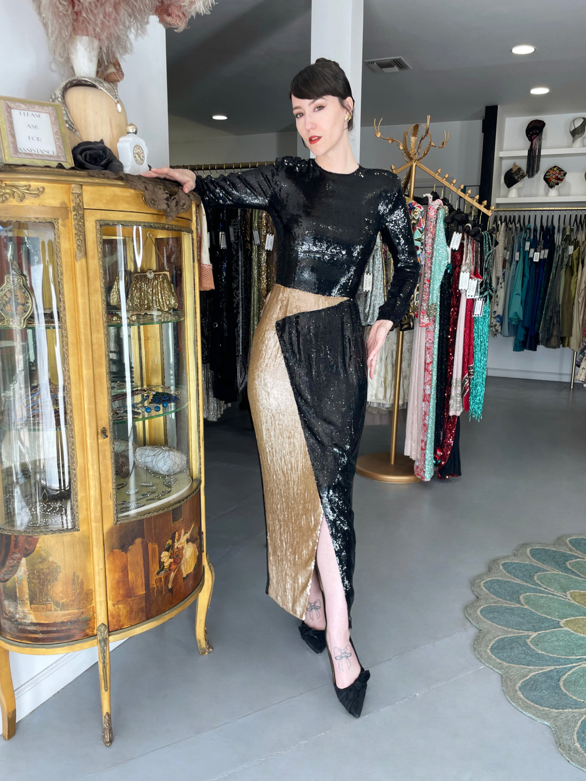 1985 Geoffrey Beene Documented Black &amp; Gold Fully-Sequin &#39;Cindy Crawford&#39; Gown