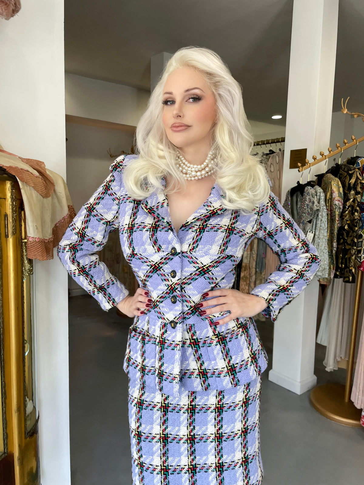 1995 Chanel by Karl Lagerfeld Runway Periwinkle Plaid Wool Barbie Jacket &amp; Skirt