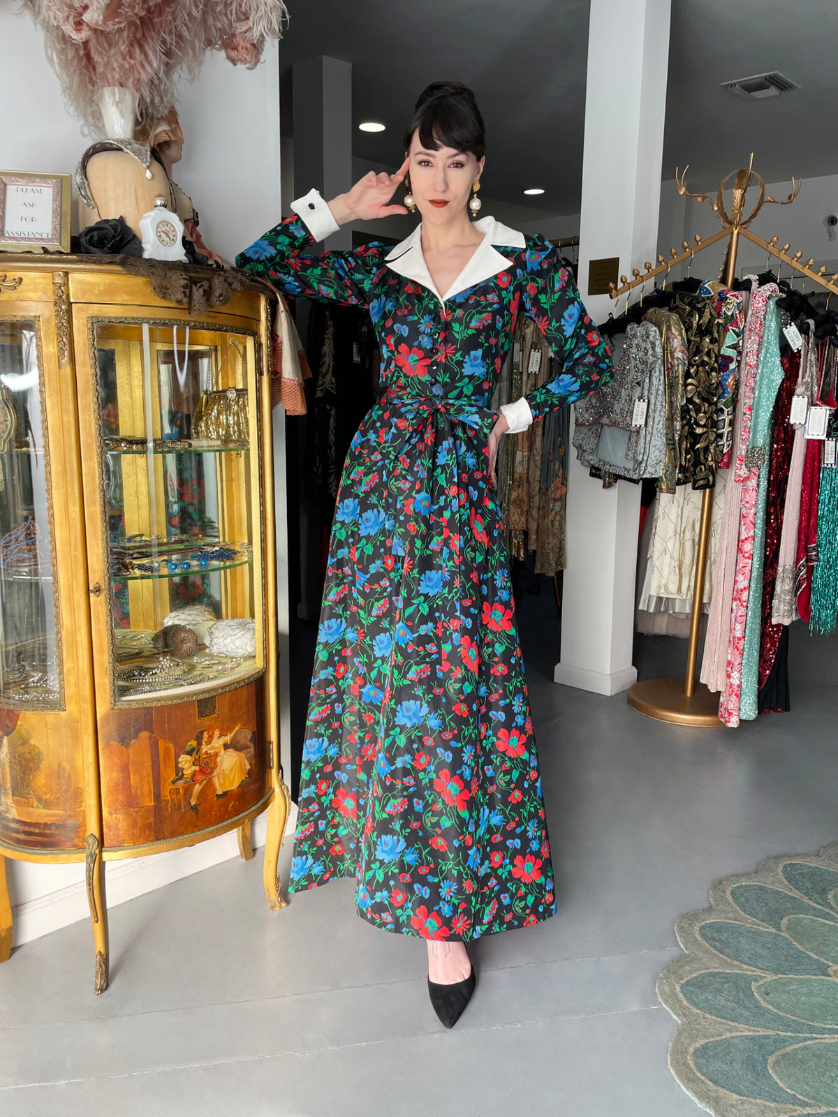 1972 Yves Saint Laurent Haute Couture Documented Floral Silk Collar Cuff Gown