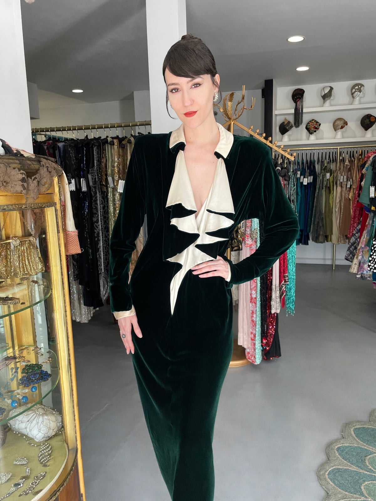 1978 Halston Couture Dark Green Velvet & Ivory Silk Ruffle Bodice Bias-Cut Gown