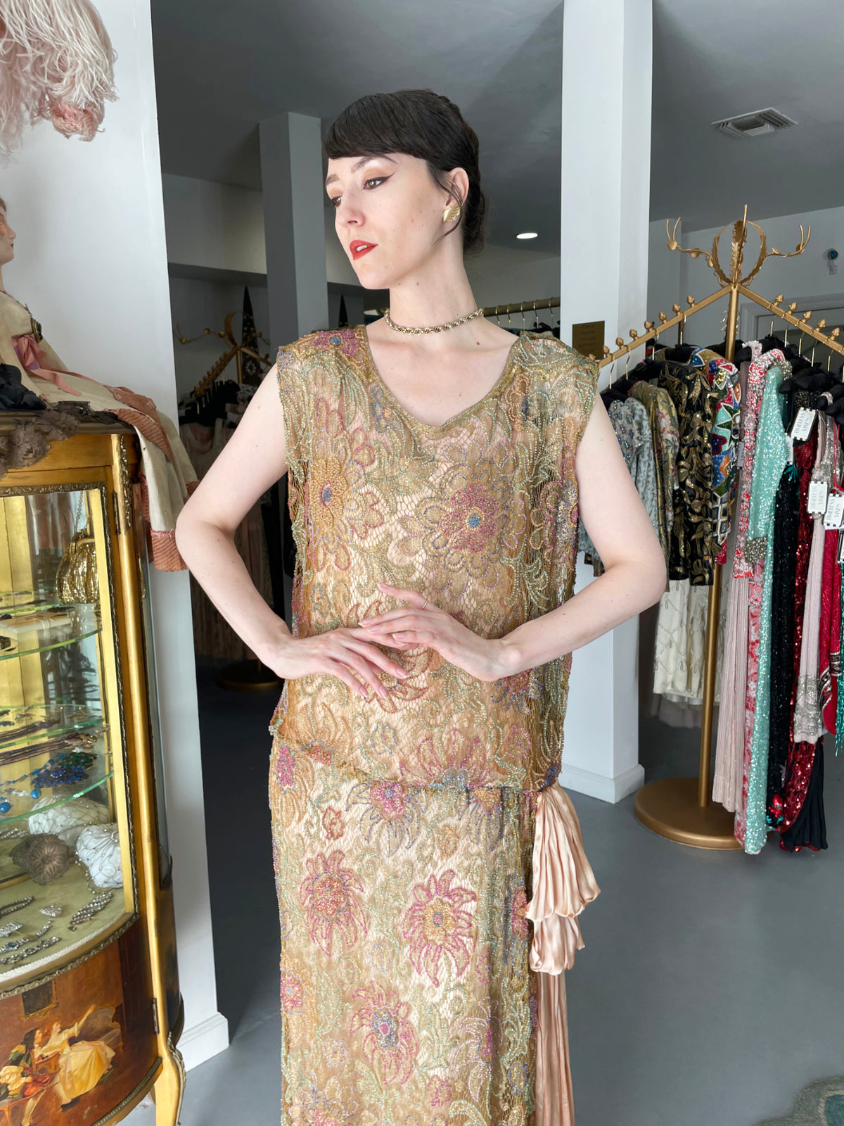 1920&#39;s French Couture Colorful Beaded Metallic Lamè Lace &amp; Pink Silk Dress