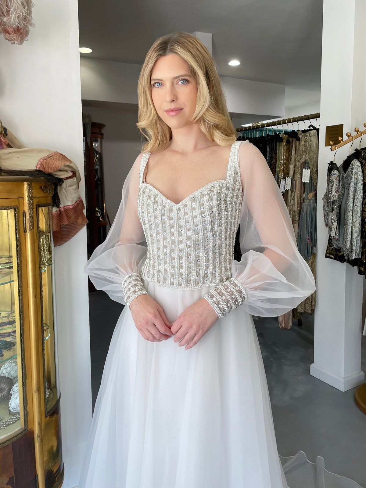 1972 Christian Dior Couture White Beaded Sheer Silk Billow-Sleeve Bridal Gown w/ Matching Veil