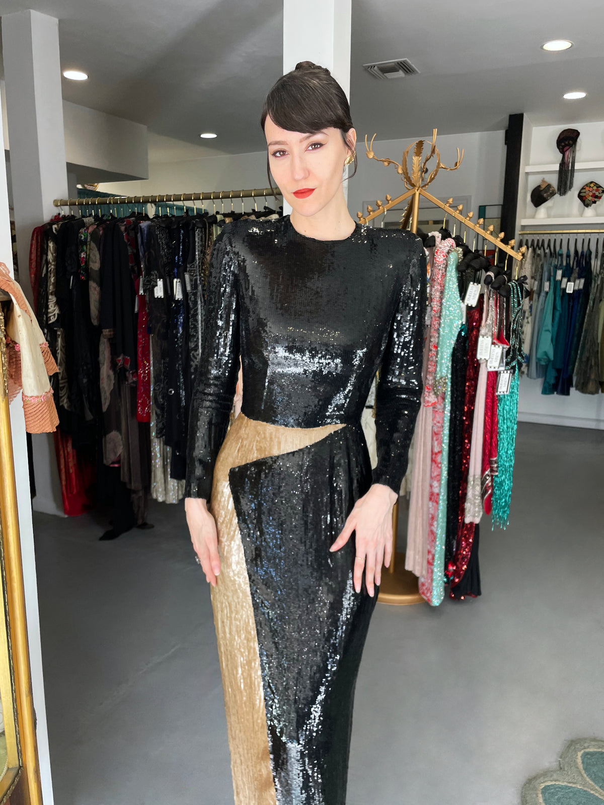 1985 Geoffrey Beene Documented Black &amp; Gold Fully-Sequin &#39;Cindy Crawford&#39; Gown