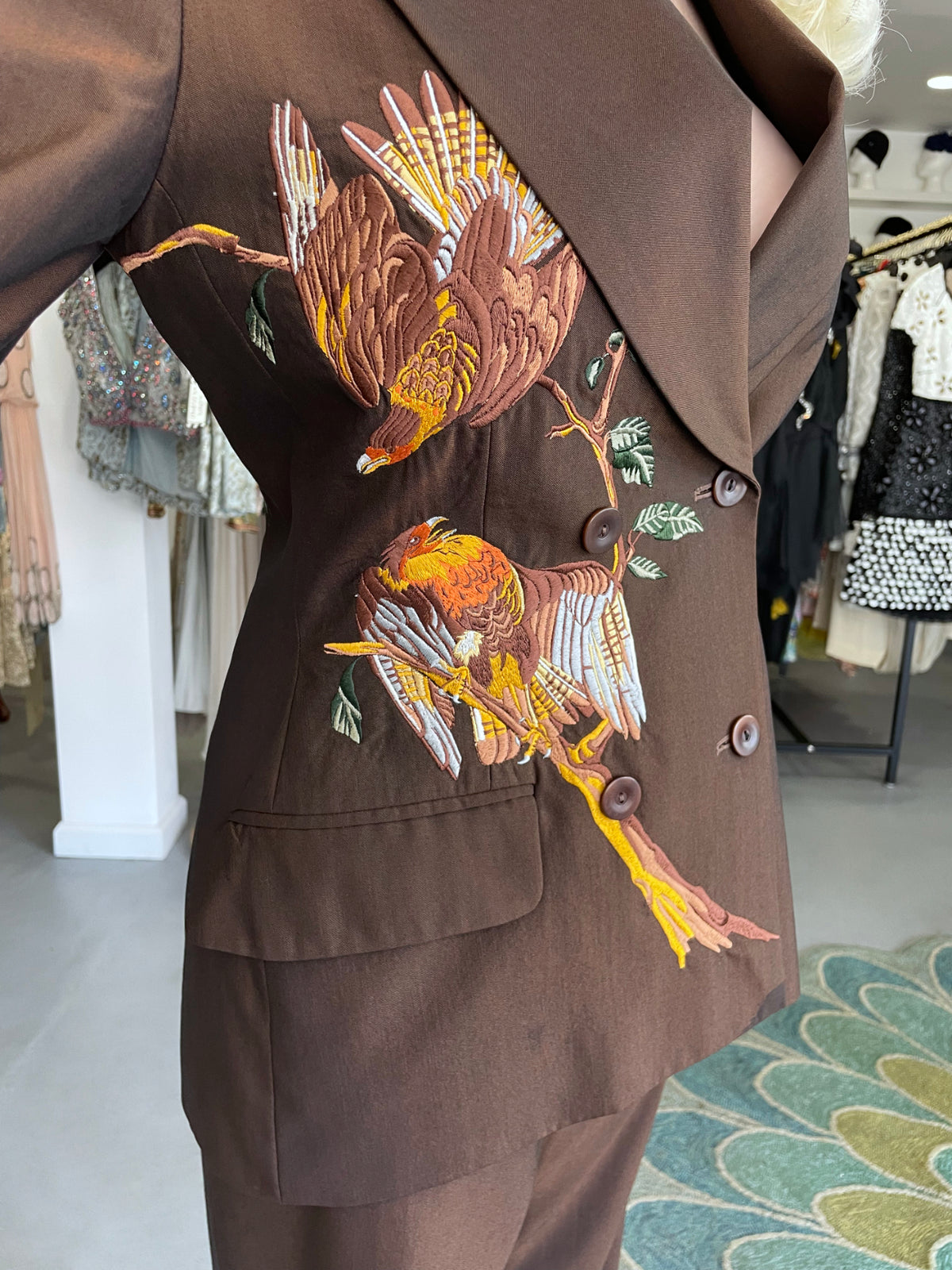 1998 Alexander McQueen for Givenchy Brown Wool Embroidered Birds Blazer Pantsuit