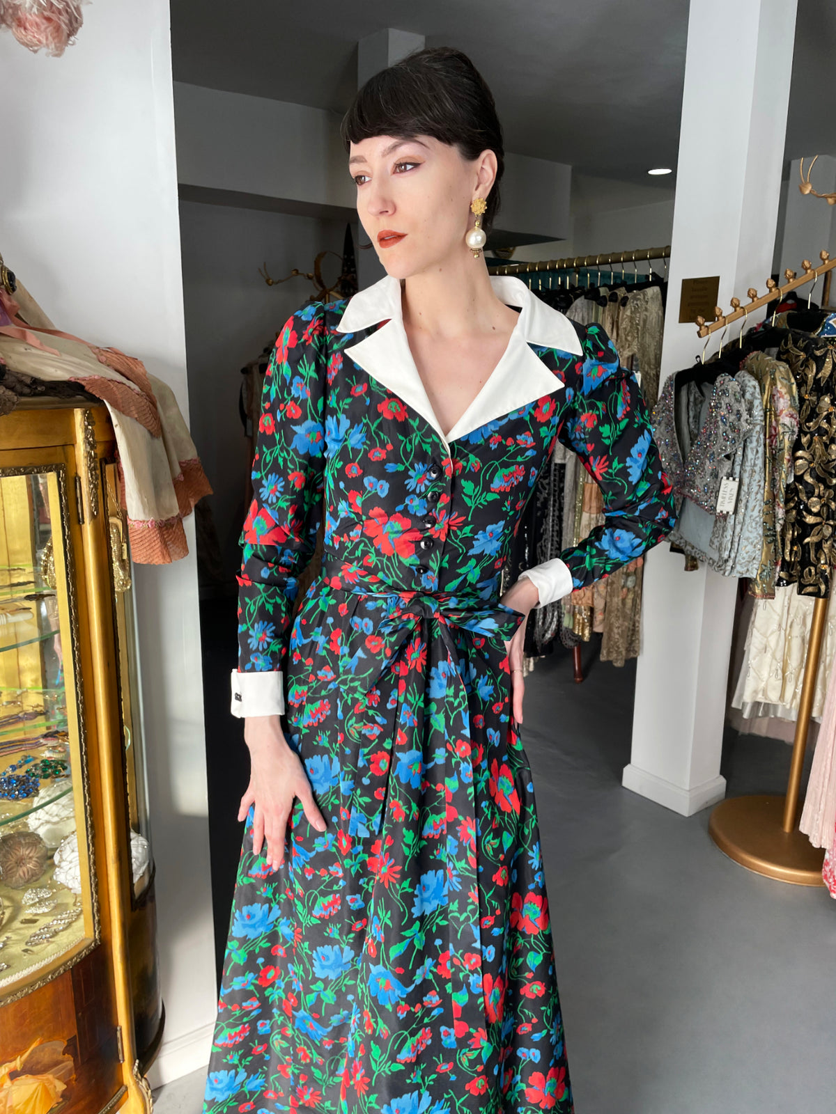 1972 Yves Saint Laurent Haute Couture Documented Floral Silk Collar Cuff Gown