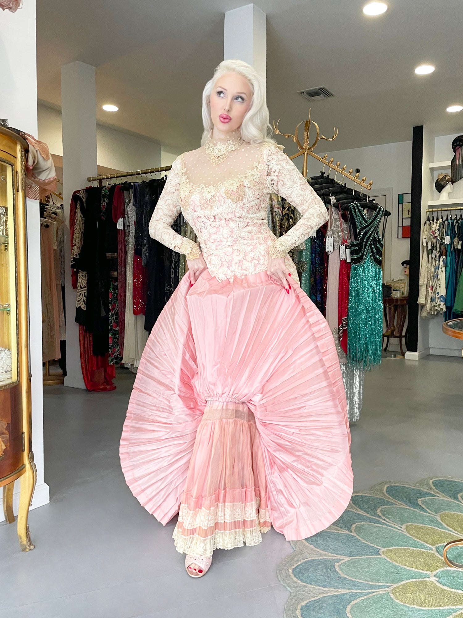 1969 Gypsy Rose Lee Custom Couture Ivory Lace & Pink Silk Victorian Gown 1969 Gypsy Rose Lee Custom Couture Ivory Lace & Pink Silk Victorian Gown