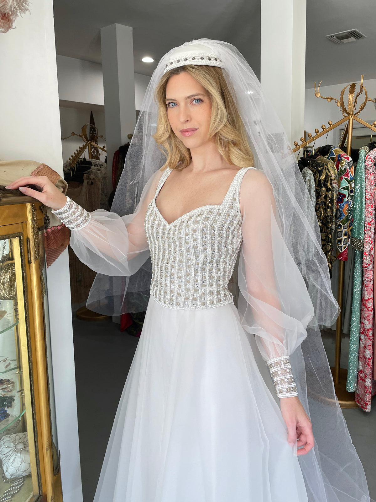 Vintage 1972 Christian Dior Couture White Beaded Sheer Silk