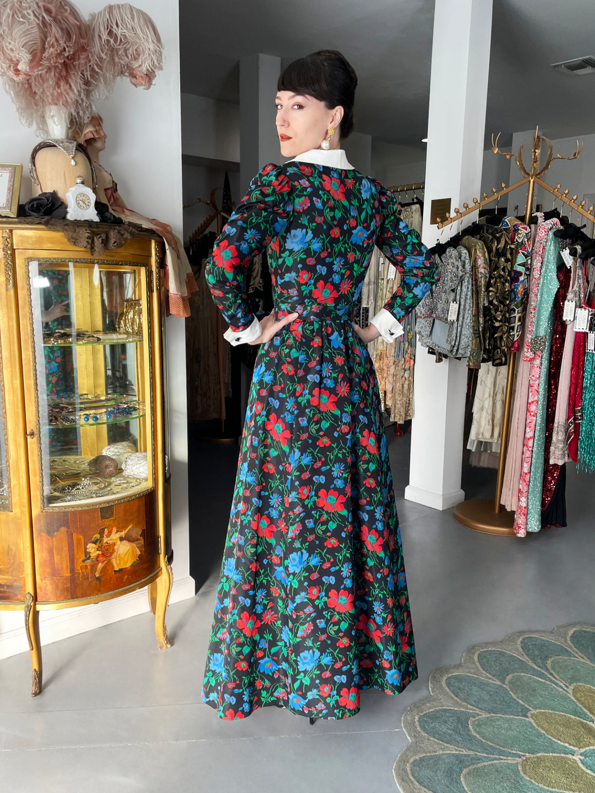 1972 Yves Saint Laurent Haute Couture Documented Floral Silk Collar Cuff Gown