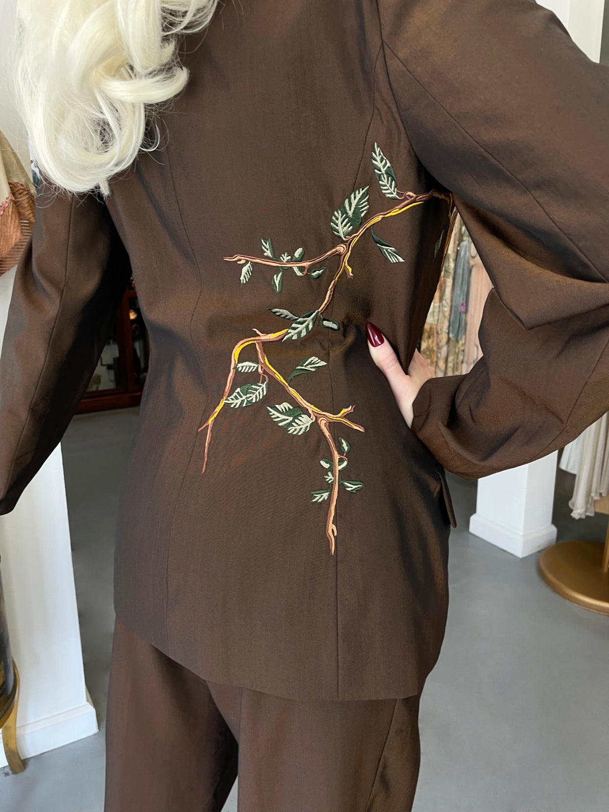 1998 Alexander McQueen for Givenchy Brown Wool Embroidered Birds Blazer Pantsuit