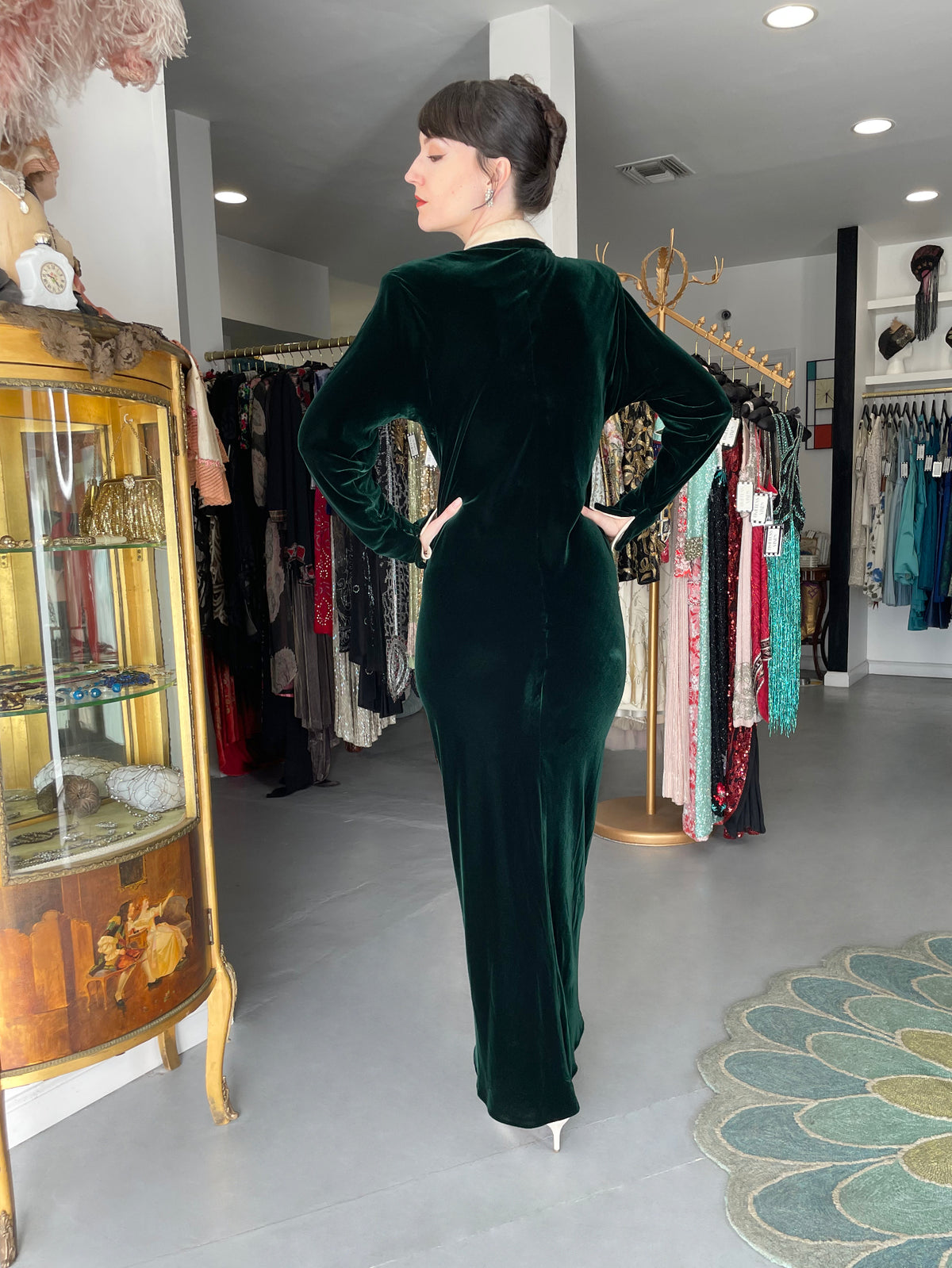 1978 Halston Couture Dark Green Velvet & Ivory Silk Ruffle Bodice Bias-Cut Gown