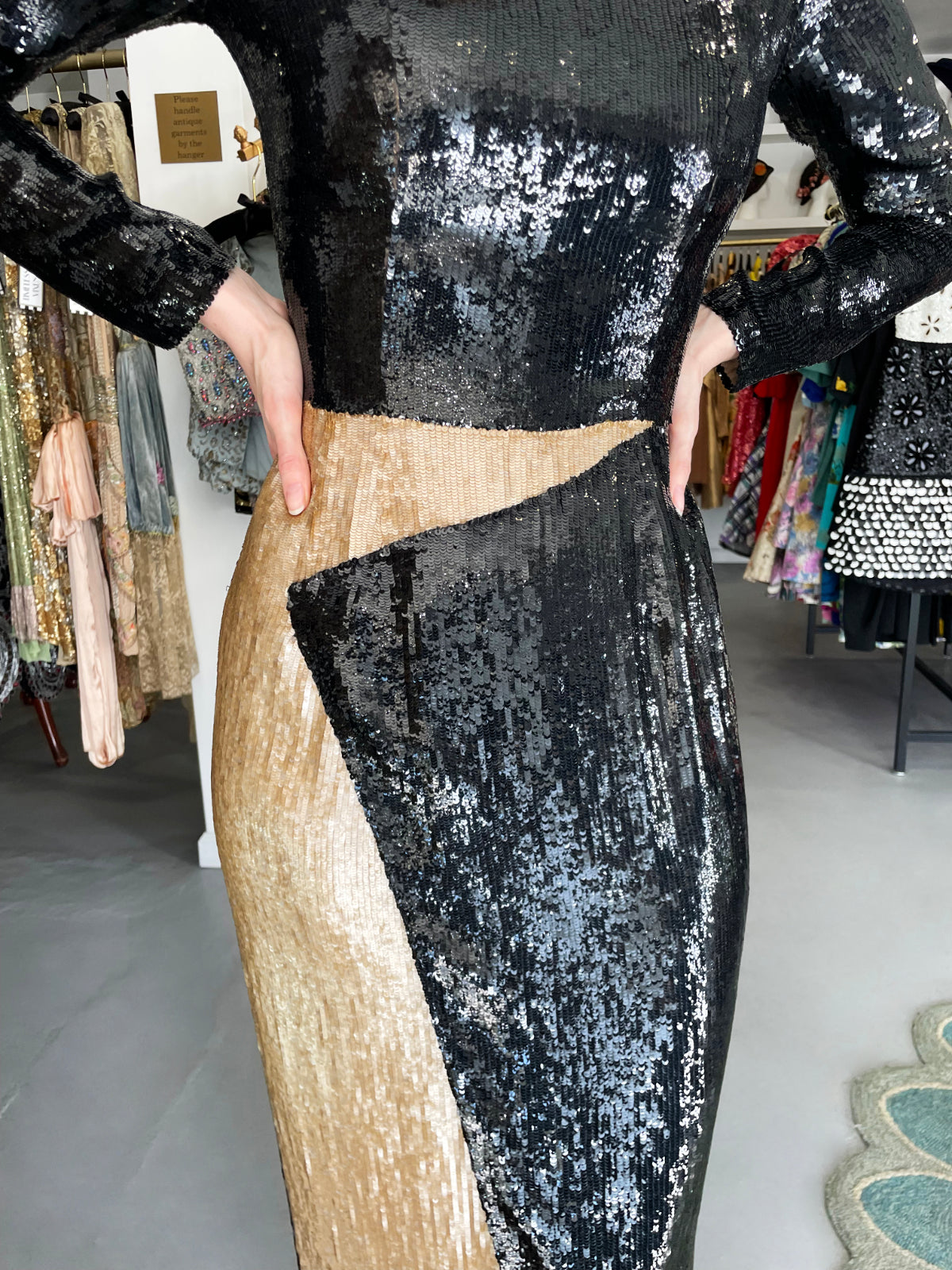 1985 Geoffrey Beene Documented Black &amp; Gold Fully-Sequin &#39;Cindy Crawford&#39; Gown