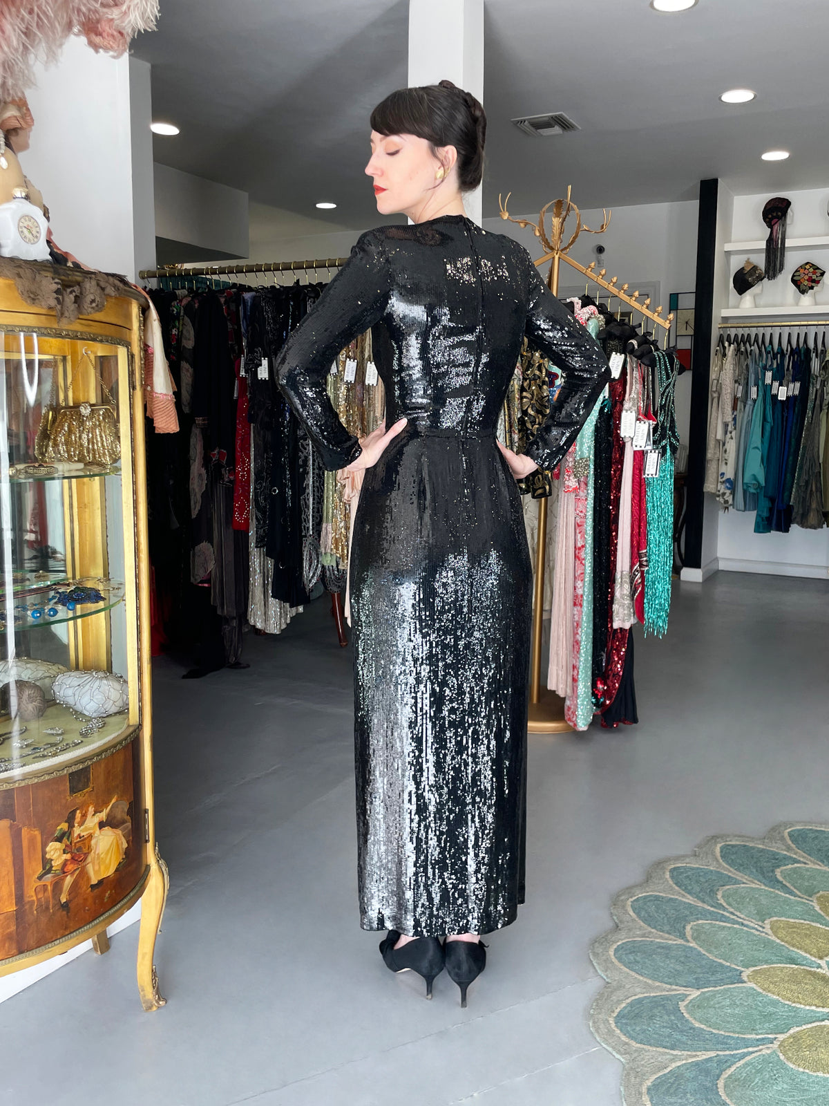 1985 Geoffrey Beene Documented Black &amp; Gold Fully-Sequin &#39;Cindy Crawford&#39; Gown
