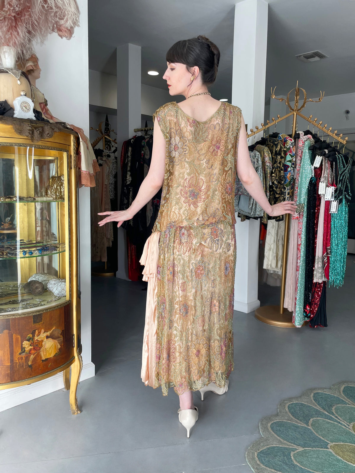 1920&#39;s French Couture Colorful Beaded Metallic Lamè Lace &amp; Pink Silk Dress