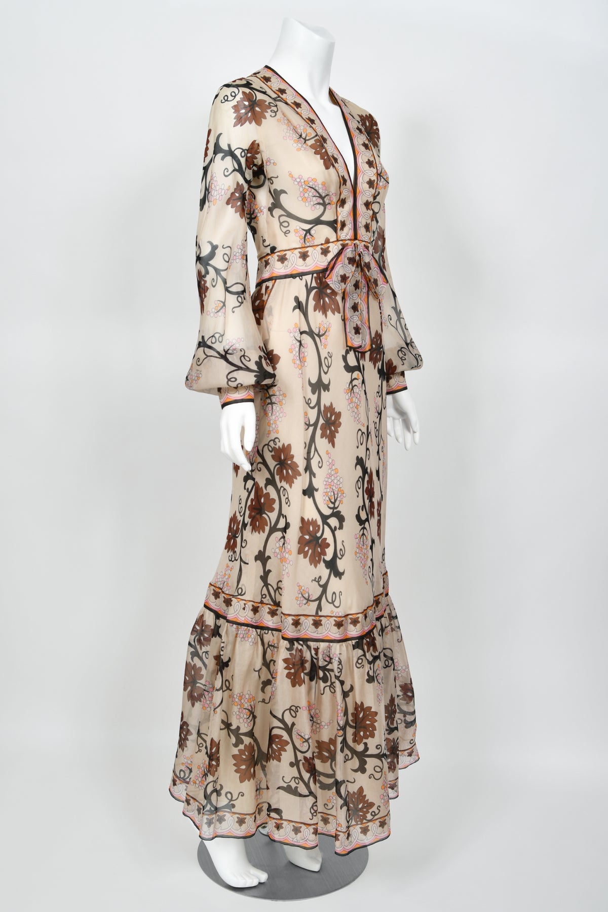 1972 Emilio Pucci Grapevine Motif Sheer Silk Organza Billow-Sleeve Maxi Dress