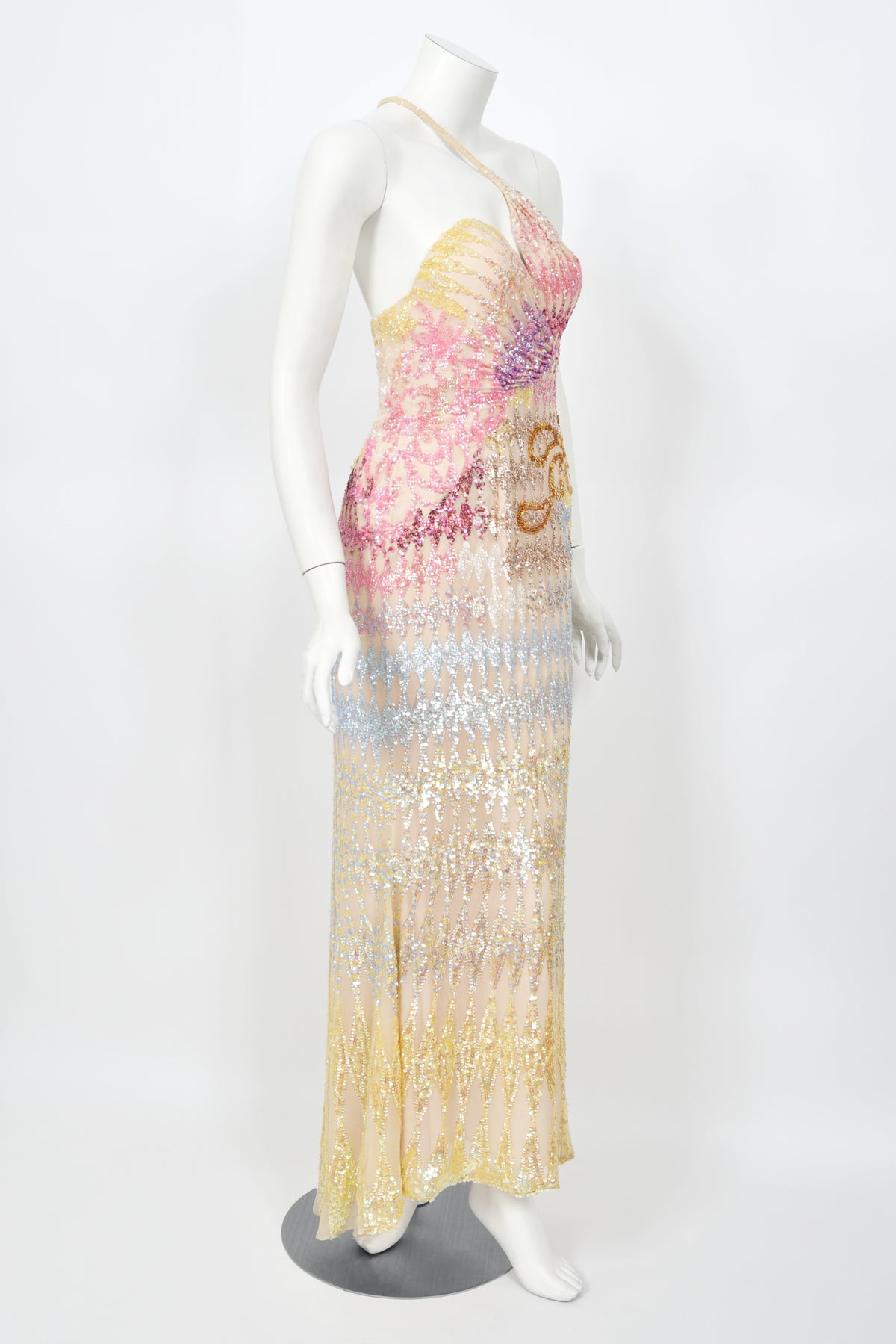 1990's Mike Benet Rainbow Sequin Silk Asymmetric Hourglass Versace-Like Gown