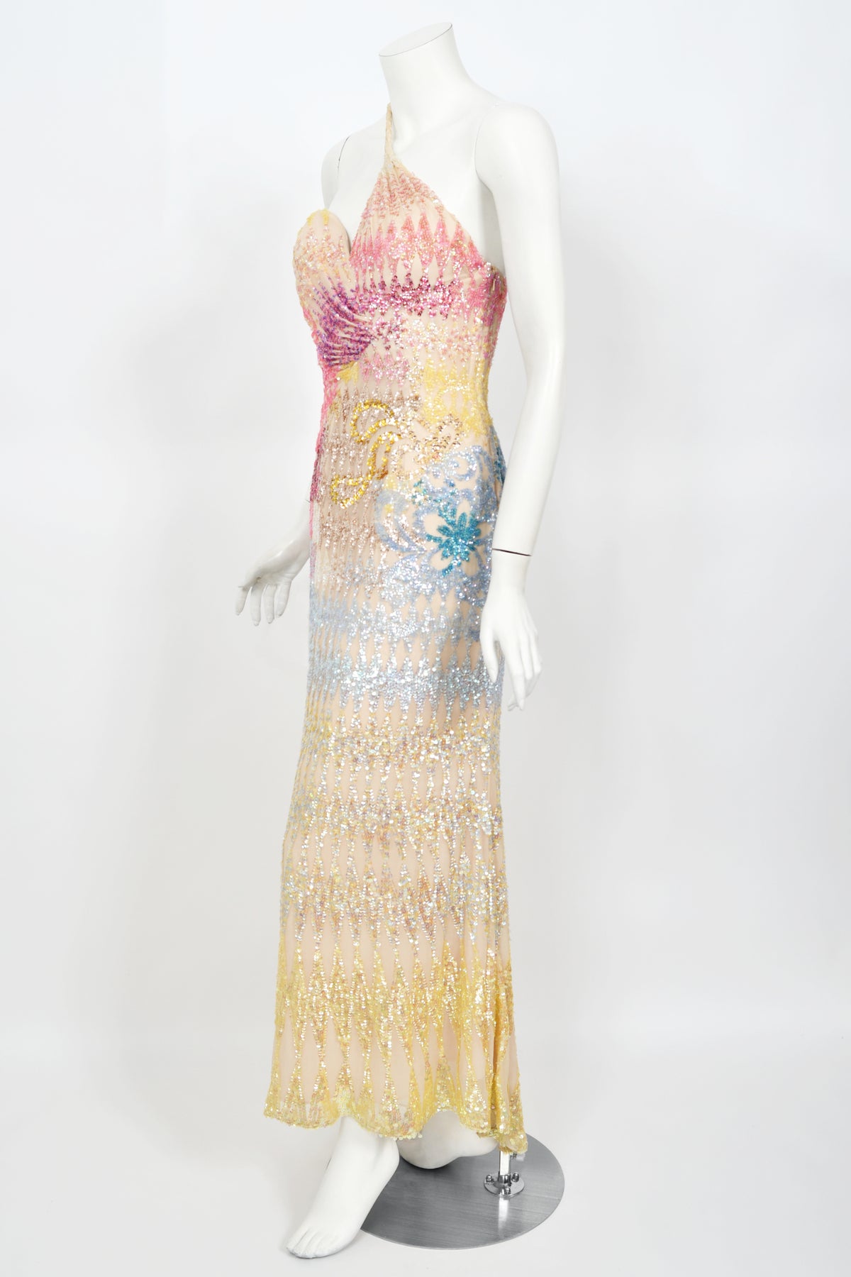 1990's Mike Benet Rainbow Sequin Silk Asymmetric Hourglass Versace-Like Gown