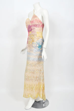 1990's Mike Benet Rainbow Sequin Silk Asymmetric Hourglass Versace-Like Gown