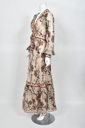 1972 Emilio Pucci Grapevine Motif Sheer Silk Organza Billow-Sleeve Maxi Dress