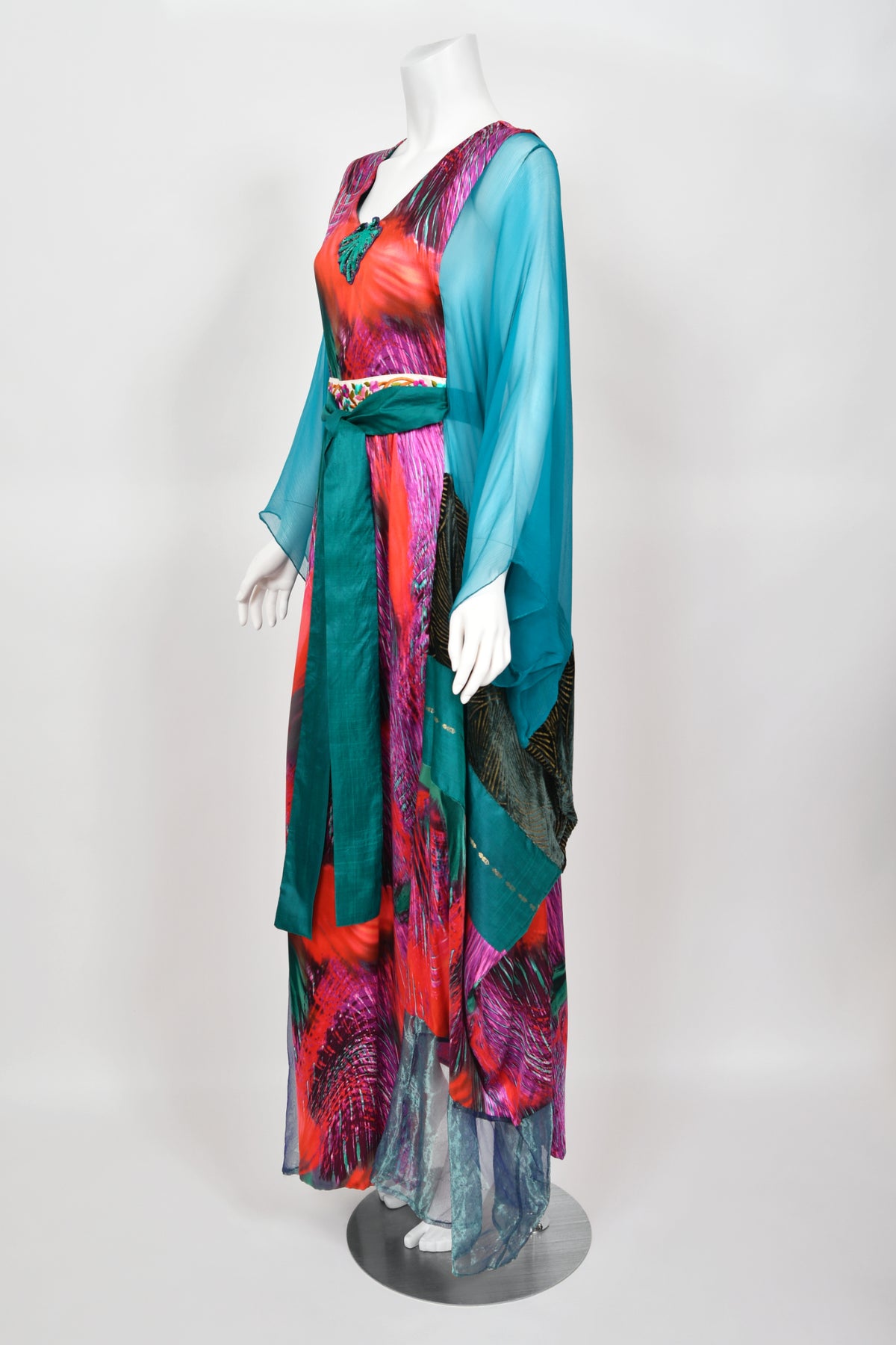 1970 Thea Porter Couture Colorful Patchwork Sheer Silk Bohemian Abaya Caftan