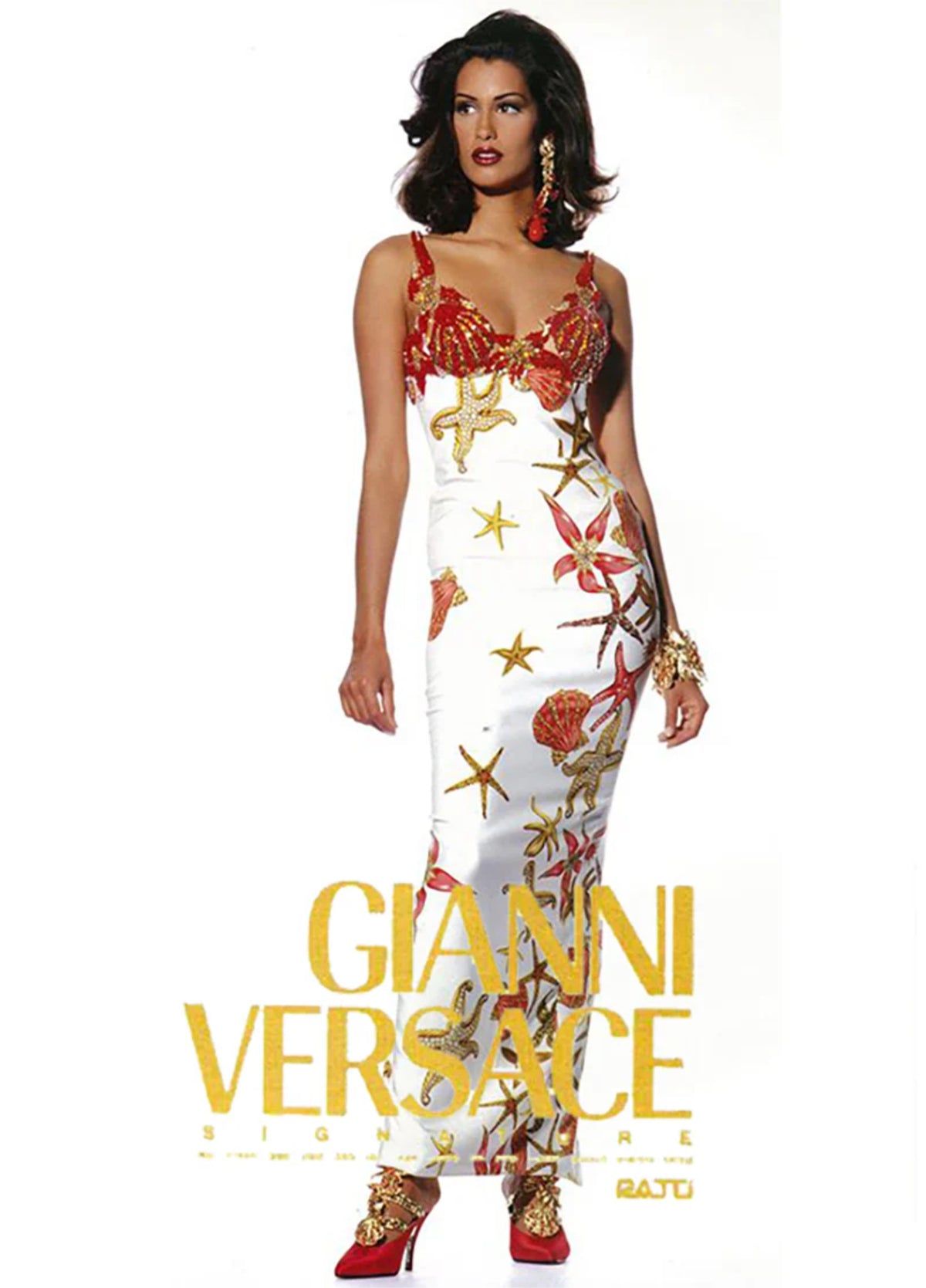 1992 Gianni Versace Iconic Crystal Beaded &#39;Seashell&#39; Print Silk Hourglass Gown