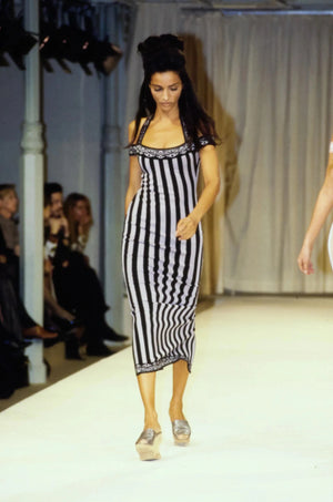 1992 Azzedine Alaia Runway Striped Stretch Knit Cold-Shoulder Bodycon Mini Dress