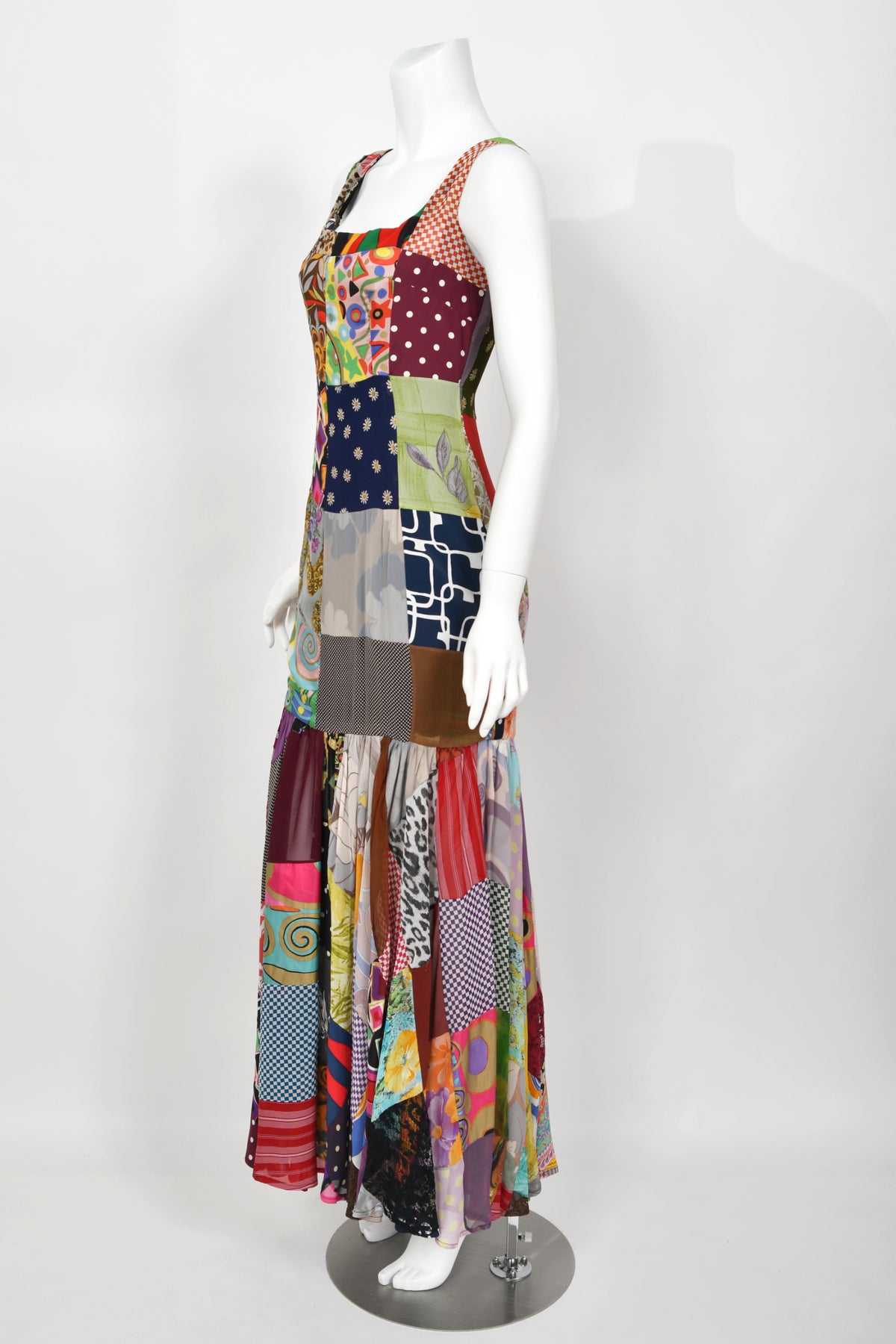 1993 Dolce &amp; Gabbana Documented Colorful Patchwork Silk Hourglass Flounce Gown